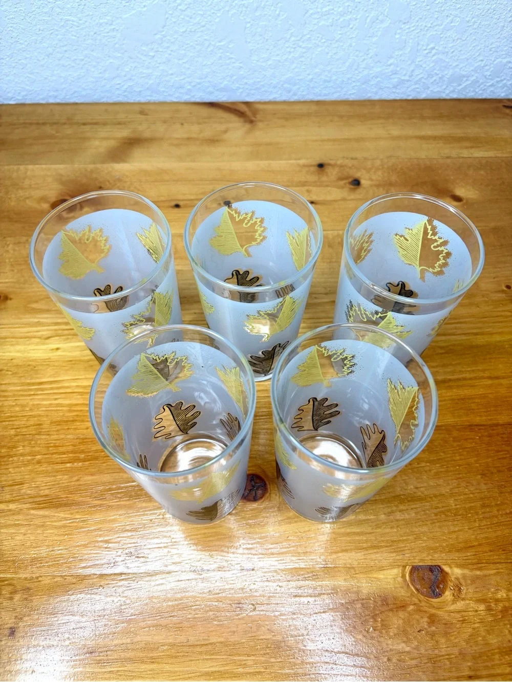 Vintage Libbey Frosted Black Yellow Leaves Pitcher And Glass Tumblers Set Of 6